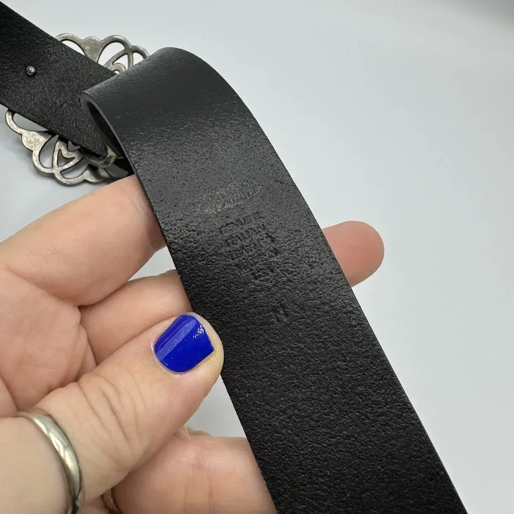 Black Leather Belt With Brass Tone Floral Buckle Womens Medium